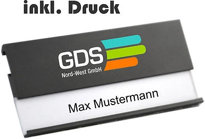 SCHMALZ WERBESERVICE Namensschild Aluminium schwarz 70x30 mm inkl.Logoaufdruck Magnet Nadel/Clip