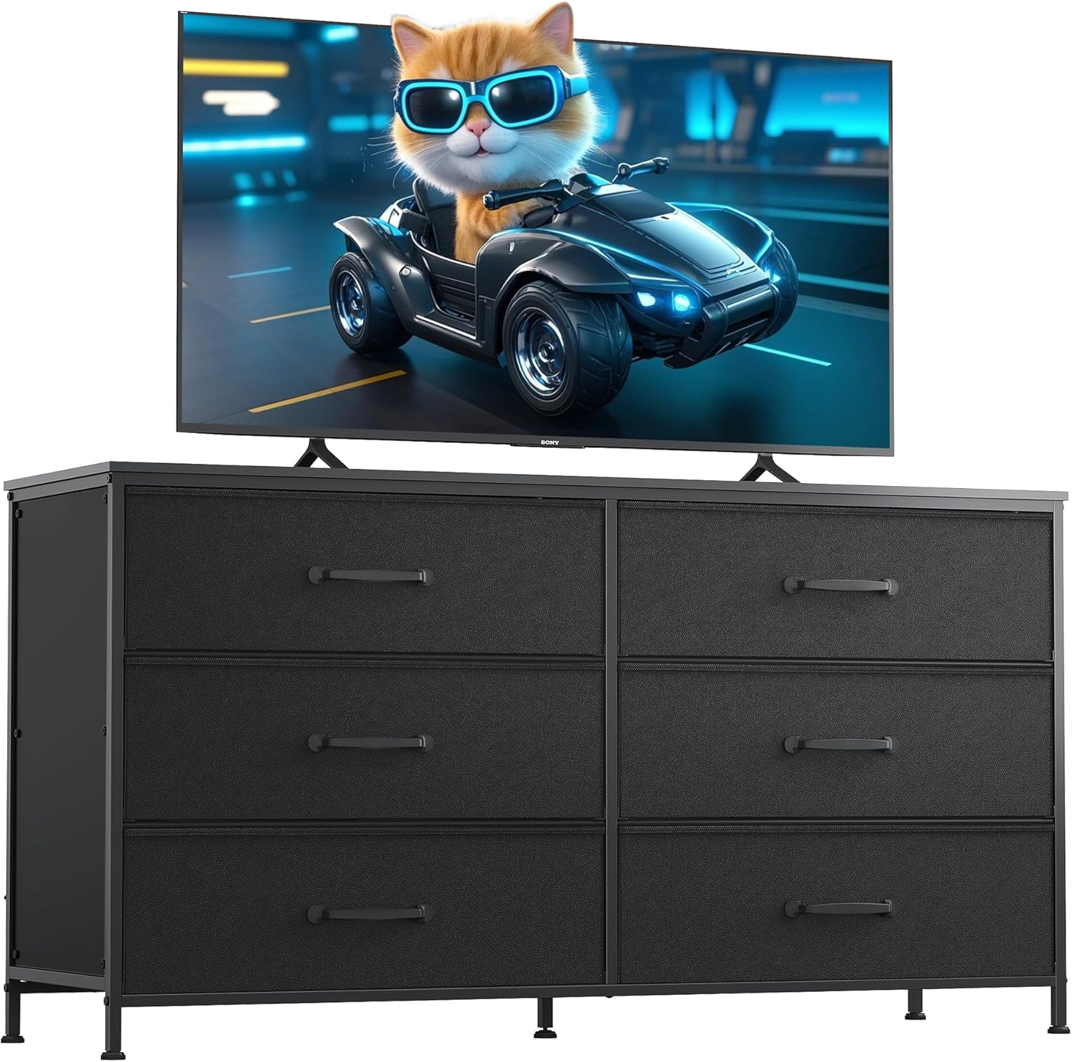 6-Drawer Black Fabric Dresser TV Stand for Bedroom Fits 50-55 Inch TVs