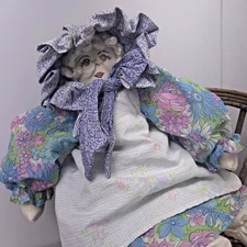 Vintage 1995 Handmade Signed Cloth Rag Doll Grandma Bonnet Apron Glasses Boots