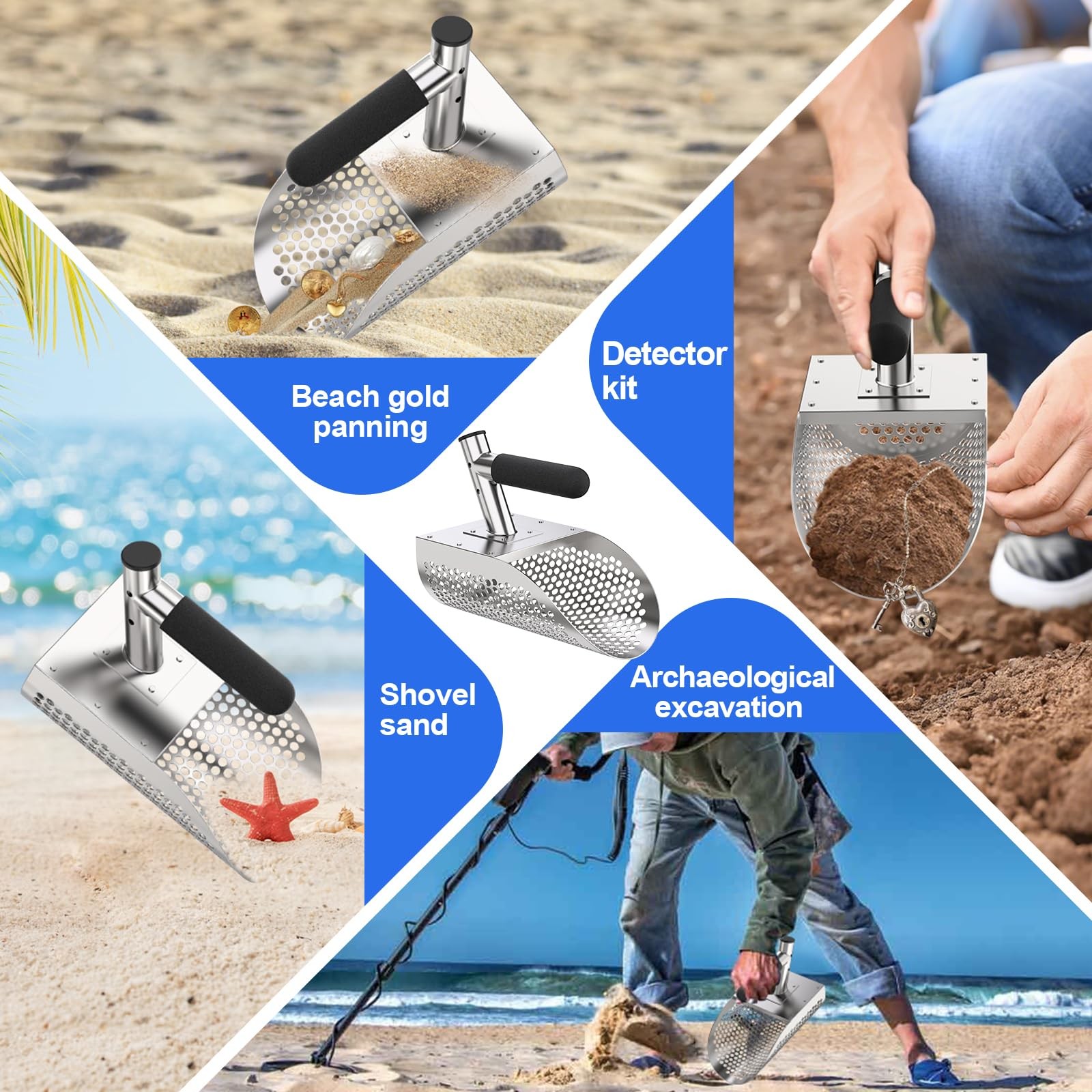 Sand Scoop for Metal Detecting, 304 Stainless Steel Shovel with Reinforced Ri...