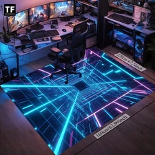 1pc Vibrant 3D Neon Line Carpet - Washable, Non-Slip, Polyester Area Mat with Cy