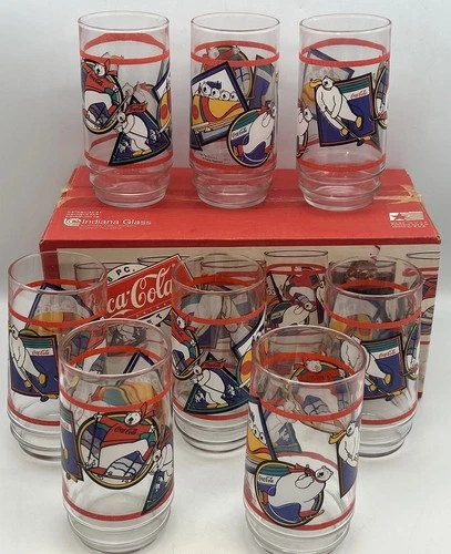 MTB-Vintage 1995 Coca Cola Polar Bear Glass Set Indiana Glass 8 Pc Tumbler Set