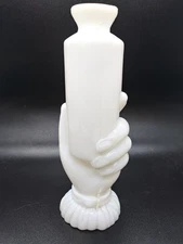 1890-1910 Milk Glass Figural Hand Holding Bottle - Blown in Mold/Ground Lip 6''