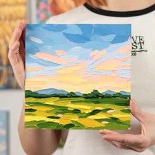 Original Sunset Oil Painting Palette Knife Abstract Landscape Art 8x8 handmade