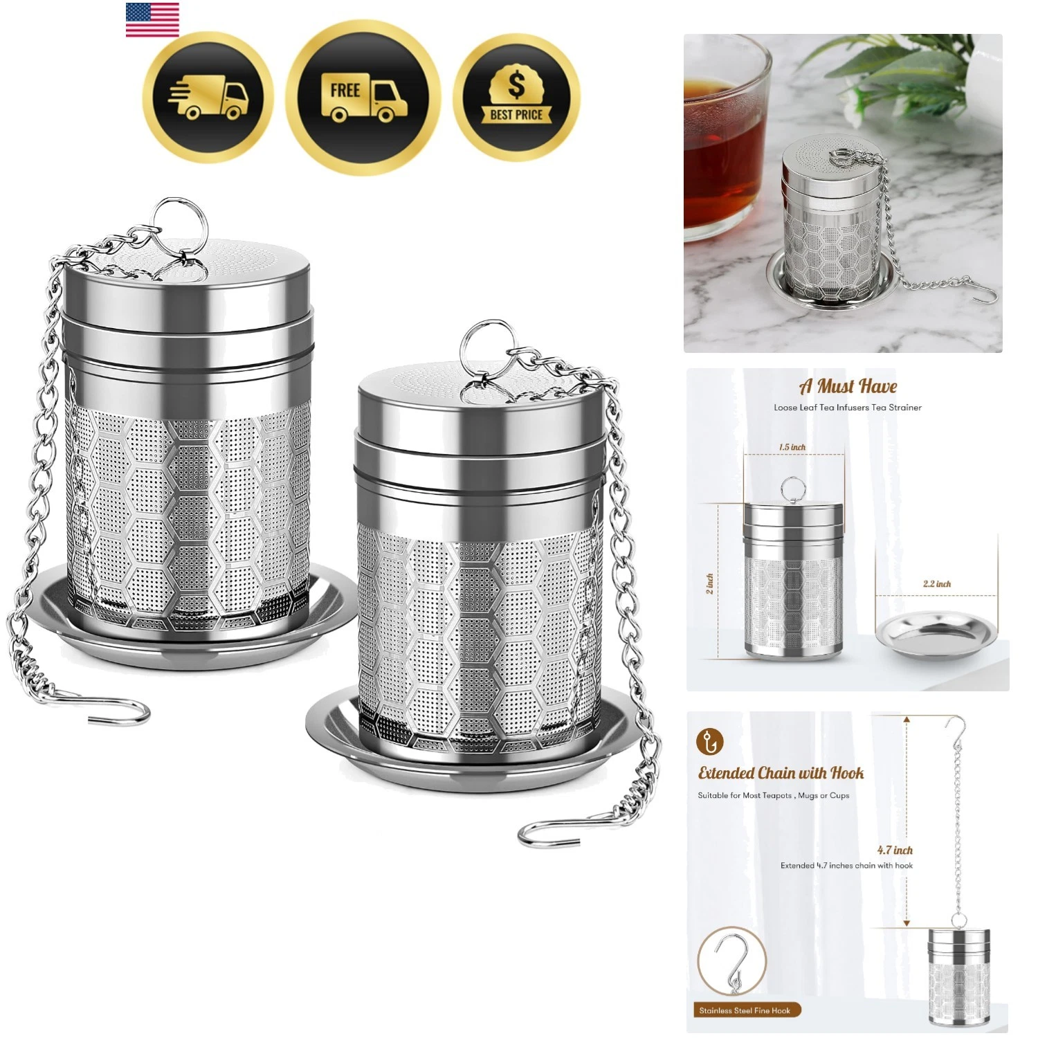 Tea Infusers for Loose Tea, 2 Pack 18/8 Stainless Steel Tea Strainer Set, Ext...
