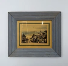 Vtg Grey-Blue Frame Coastal Village Art Print w Amber Plexiglass Cottage Decor