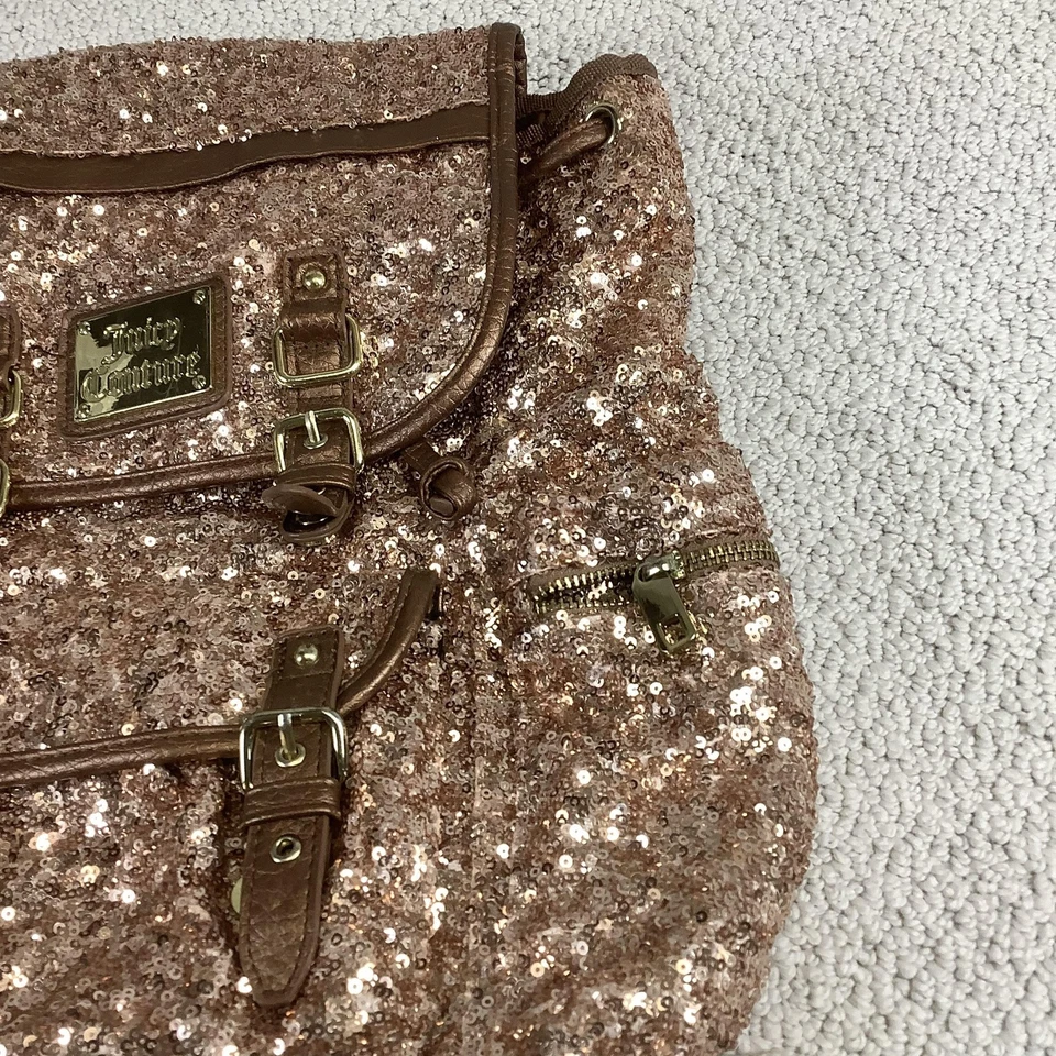 Juicy Couture Backpack Bag Womens One Size Rose Gold Sequin Metallic Logo Flap - Image 3 of 4