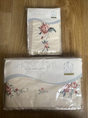 Shong Chi Queen Flaches Laken Kissenbezüge Handverziert Kreuzstich Herbst