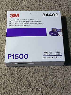 3M 34409 6'' Flexible Abrasive Dust Free Hookit Disc, Box of 25 (P1500)