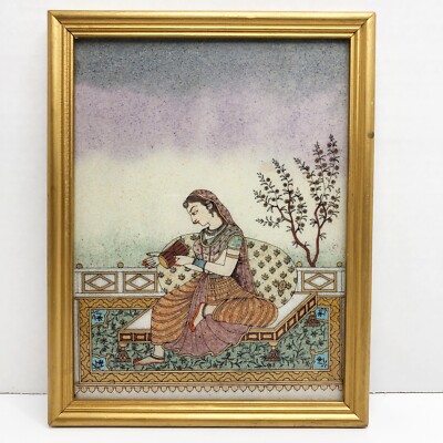 Vintage Unique Gemstone Indian Goddess Painting Crushed Natural Gem Stones