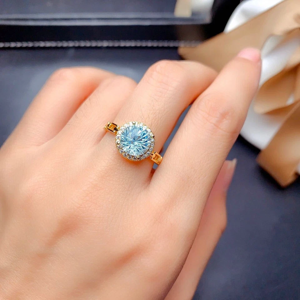 New 8mm Firework Cut Round Light Blue Topaz Gemstone Women Girl Gold Rings - Image 3 of 4