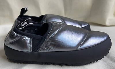 P448 Womens Slip On Shoes Slippers EU 36 US 6 Silver Black Slip On Fur LIned NEW
