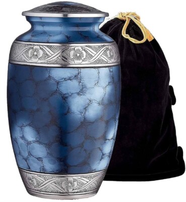Blue Silver Floral Finish Handcrafted Memorial Urn for Human Ashes (11 x 7'')