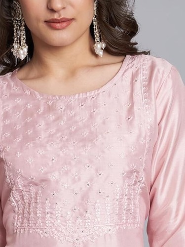 Alle Farben Seidenmischung bestickt gerade Kurta Hose Set mit Organza Dupatta - Bild 17 von 24