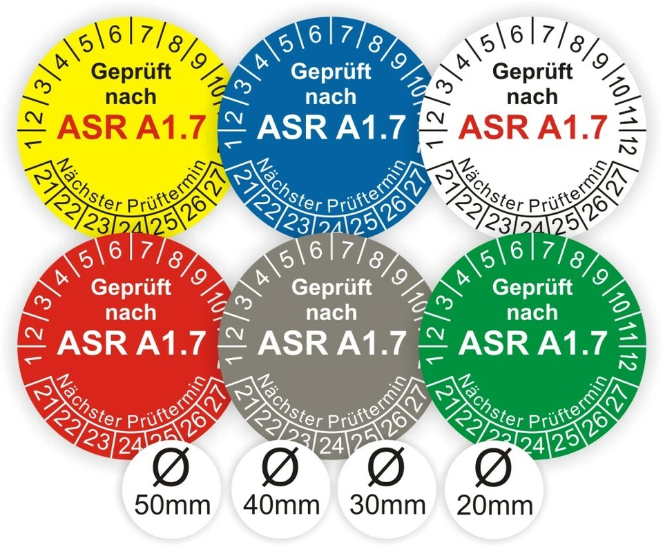 LABELMASTER_DE ASR A1.7 Prüfplaketten für Türen und Tore Ø:20-40mm Kratz-Wasserfest-UV-Resist.
