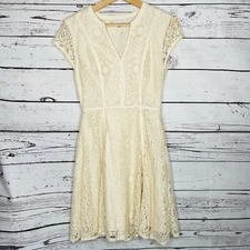 LC Lauren Conrad Dress Womens 2 Lace Ivory Cotton Knit Fit Flare Mini Sleeves