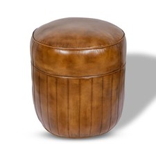 Real Genuine Leather Round Pommel Footstool Ottoman Tan Brown 52cm High x 46cm F