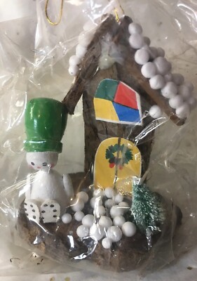 3 VTG New Wood ELF Pixie GNOME Wooden XMAS Tree Ornaments Bottle BRUSH Natural