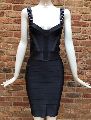 French Connection Schwarz Perlen Träger Stretch Bandage Bodycon Minikleid Gr 8