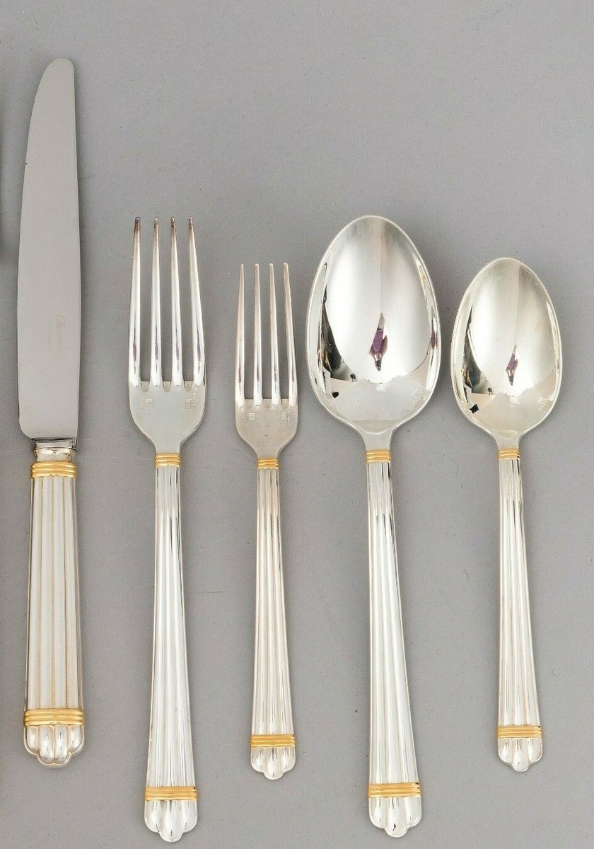 CHRISTOFLE クリストフル／ アリア ゴールド ナイフ＆フォーク１組２本 Christofle Aria Silver Plated Flatware with Gold Rings - 8 1/8