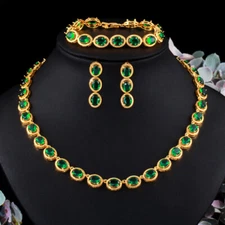 Luxury Green CZ Choker Necklace Earring Bracelet Dubai Gold Pageant Jewelry Sets