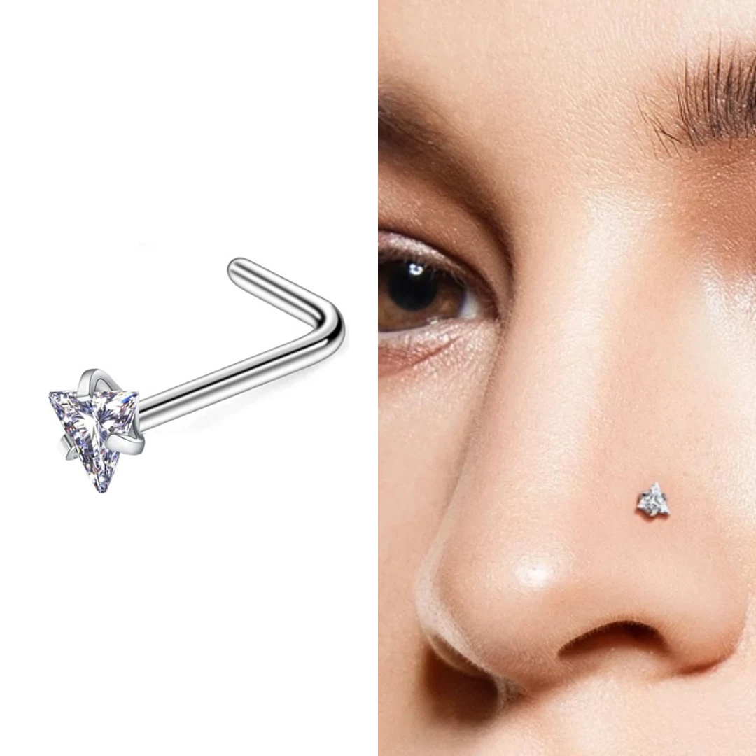 Nose Ring Stud L-Shaped Set CZ Surgical Stainless Steel 20g