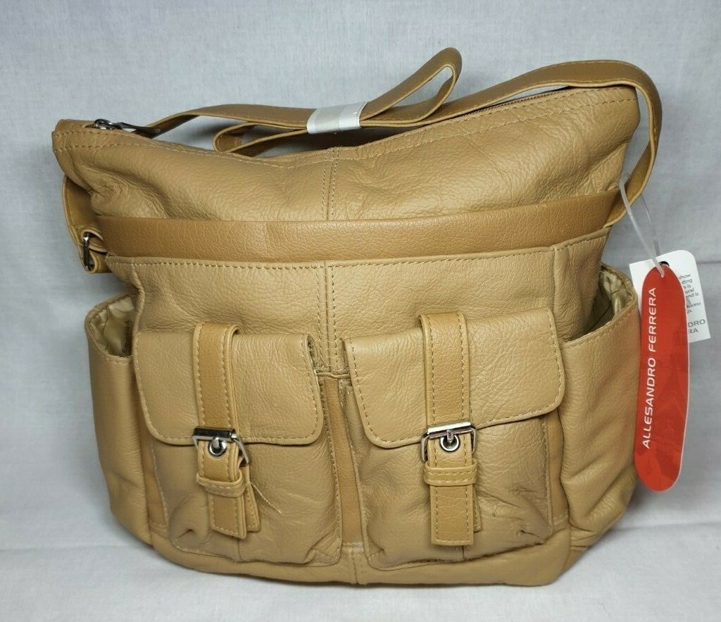 Allesandro Ferrera Genuine Real Italian Leather Square Shoulder Handbag Tan NEW