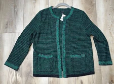 Ann Taylor Tweed Jacket Cotton Blend Open Cardigan Blazer Green Size Large NEW