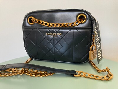 River Island Shoulder Bag Black Faux Leather crossbody chain strap long nEW  UK