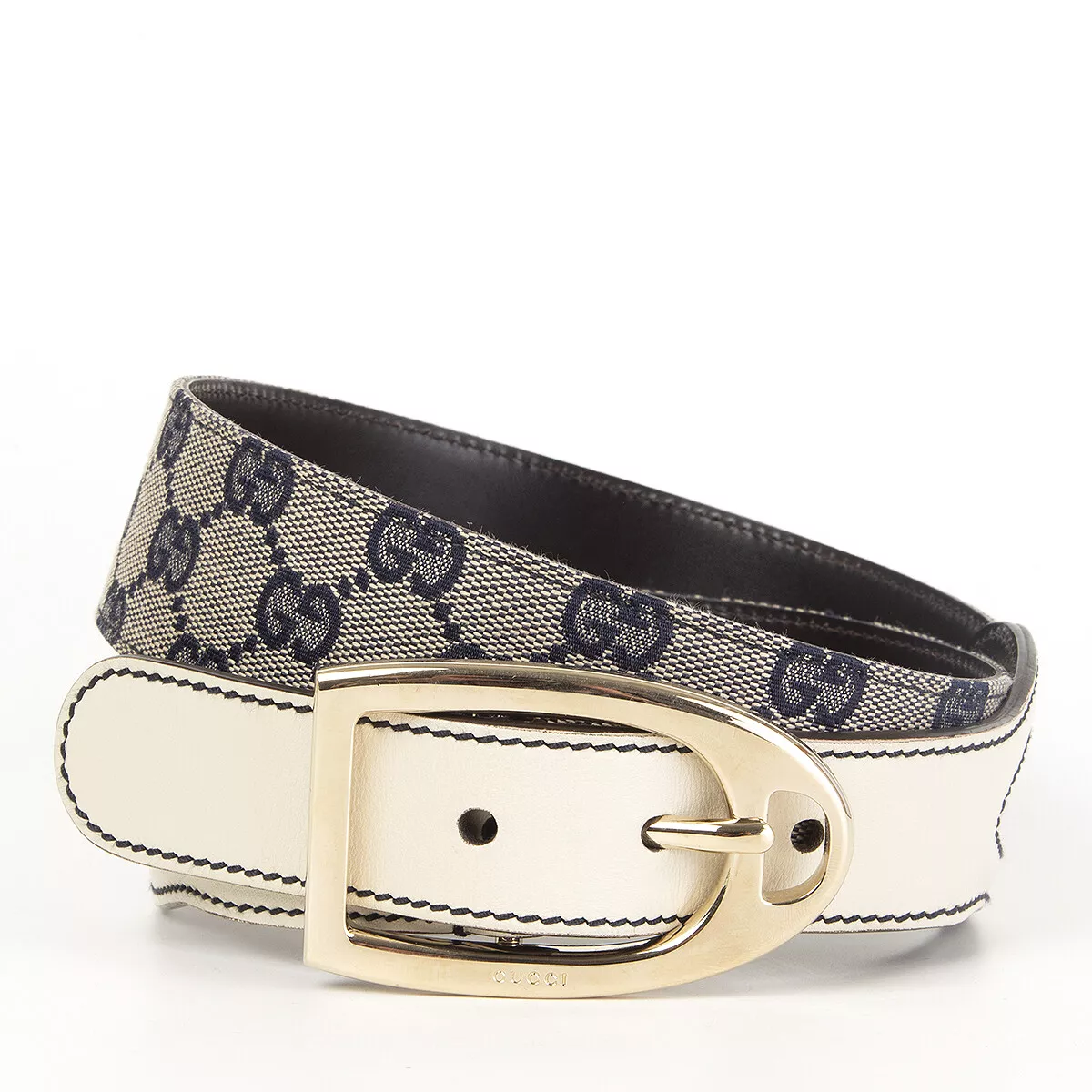 61119 authentique GUCCI bleu GG toile monogramme et cuir blanc ceinture 90
