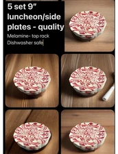 Red & White Floral Melamine 5/Plates: 9" Diameter - Tile Design Mediterranean