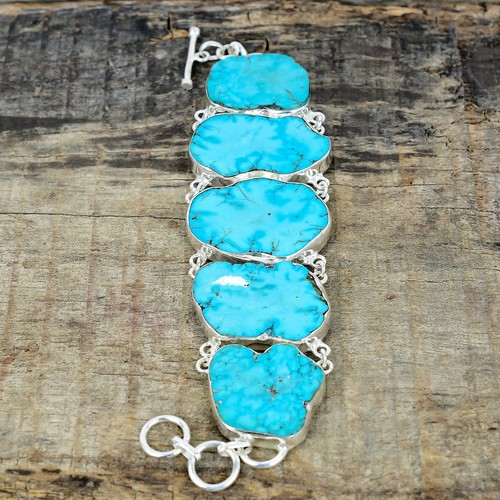 Tumbled Turquoise Gemstone 925 Sterling Silver Handmade Bracelet Birthday Gift - Picture 3 of 4