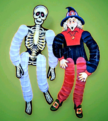 Vintage Halloween Beistle Witch & Skeleton Decoration Paper Accordion Honeycomb