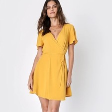 Lulu's Harbor Point Mustard Yellow Flutter Sleeve Wrap Dress Small