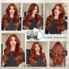 Women Copper Red Long Wavy Heat Resistant Synthetic Hair Layered Costume Wig