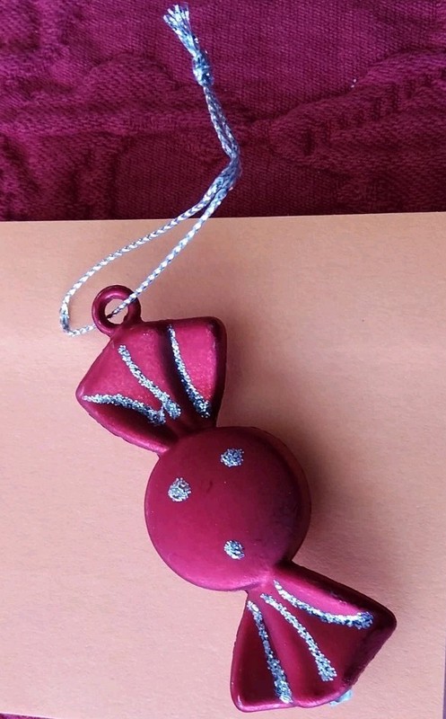 Red/Silver Plastic Piece of Wrapped Candy Christmas Ornament