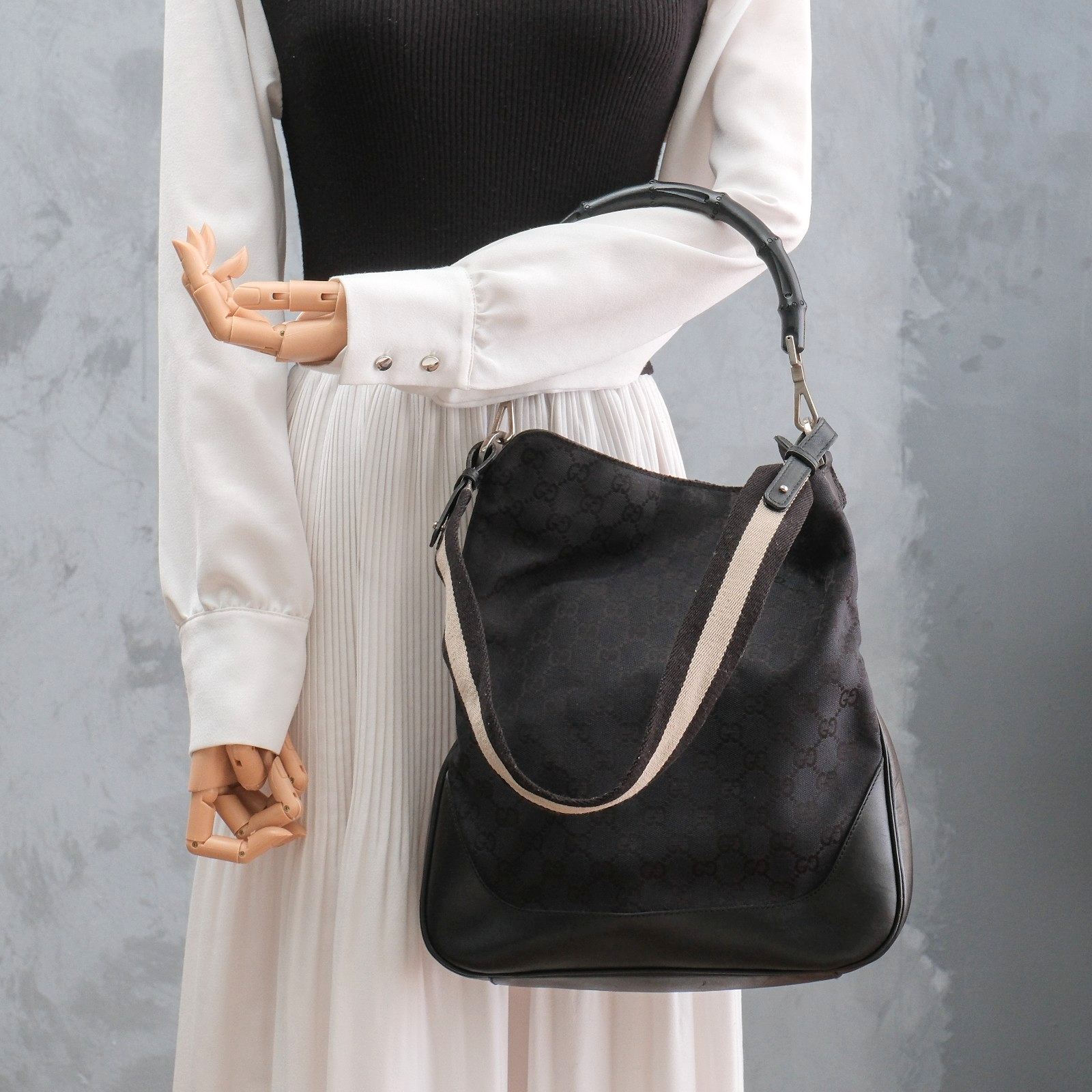 GUCCI Sherry Line Bamboo Handle 2-Way Shoulder Bag in Canvas and Leather-image