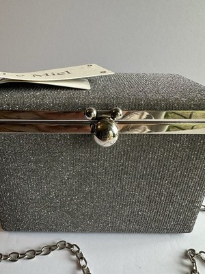La Miel Evening Camera Box Crossbody Bag Silver Diamond Sparkle NWT