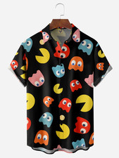 Pac Man Shirt Cartoon Pattern Chest Pocket Short Sleeve Casual