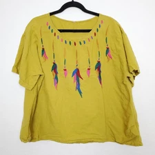 Womens Top Size XXL Linen Embroidered Boxy Boho Short Sleeve Multicolor