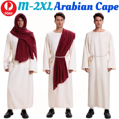 Mens Dubai Sheikh Costumes Arabian Desert Middle East Cape Scarf Robe Outfit Set