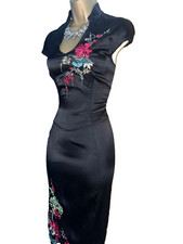 Karen Millen UK 14 Vintage Black Silk Oriental Lace Up Embroidered Wiggle Dress