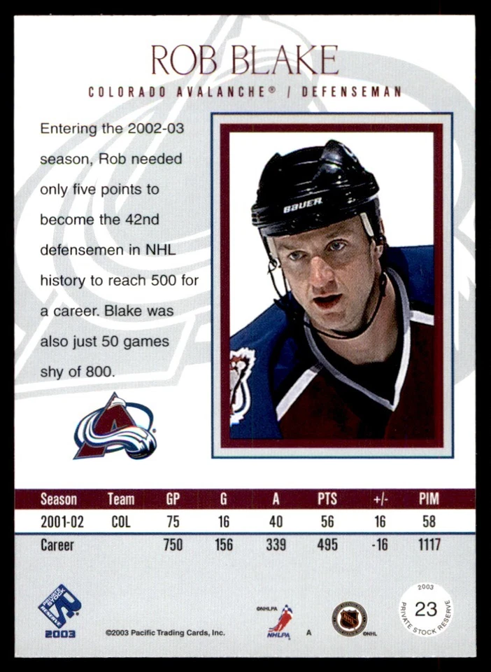 2002-03 Pacific Private Stock Reserve Rob Blake Colorado Avalanche #23 - Image 2 of 2