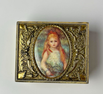 Vintage Gold Toned Box Renoir Little Girl Trinket Jewelery Box Red Velvet lined