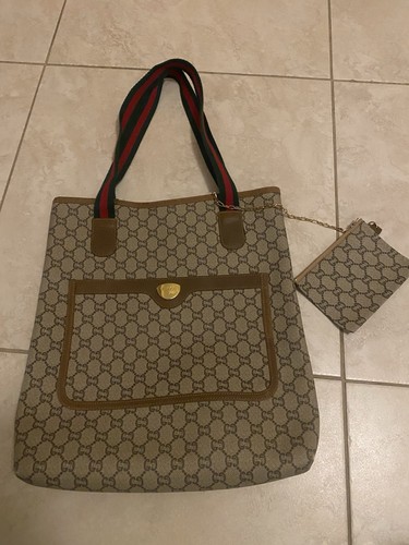 Authentic Gucci GG Plus Sherry Line Leather Brown Tote Bag With Chain & Wallet