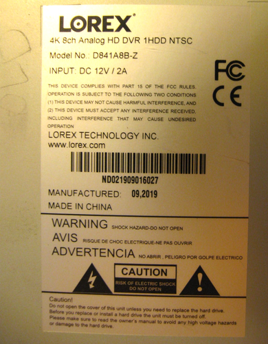 Lorex D841A8B-Z 4K 8-Channel HD DVR HDD 2TB - FOR PARTS OR REPAIR *READ DESC." - Picture 3 of 3
