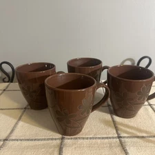 Pier 1 One Imports Set 4 Mugs Floral Brown Fall Coffee Tea Cups Rustic Farmhouse