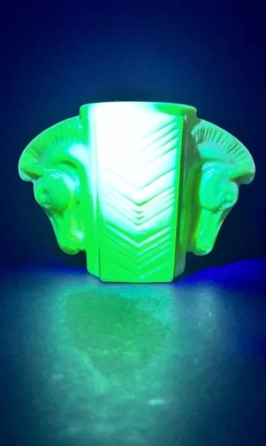 Vtg Art Deco MacBeth-Evans Uranium Milk Glass Shaving Mug Double Horse Head Vase
