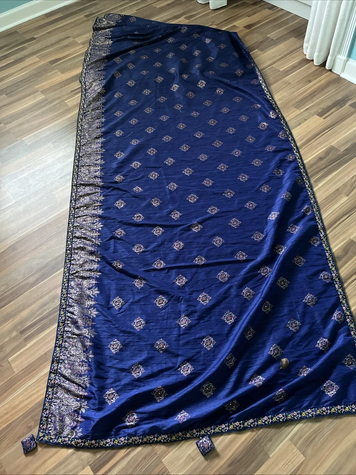 Royal Blue Kanjivaram Lehenga Adjustable Skirt Saree Silk Drape Wedding - Image 4 of 4