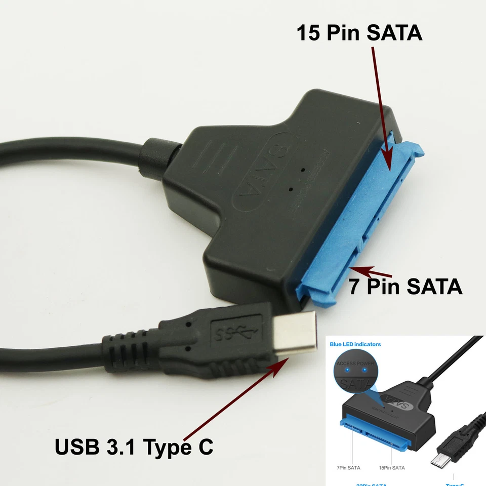 USB 3.1 Type-C Male To SATA 22 Pin Adapter Cable 2.5" External Hard Disk Drive - Image 2 of 4
